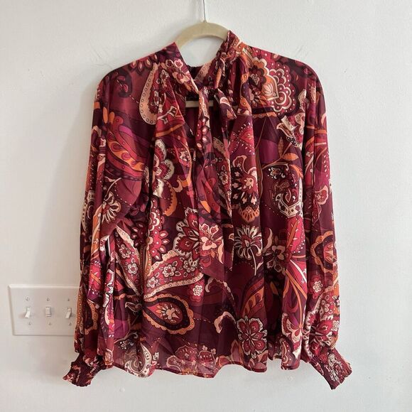AURA Red Paisley Blouse Tie Neck Flowy Balloon Sleeves Top Large Women’s NWT - Picture 9 of 9